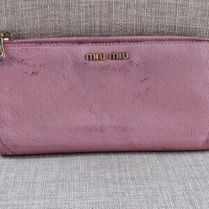 Miu Miu Women Wallet Pink Leather Clutch Wristlet Card Holder Zip Around Purse